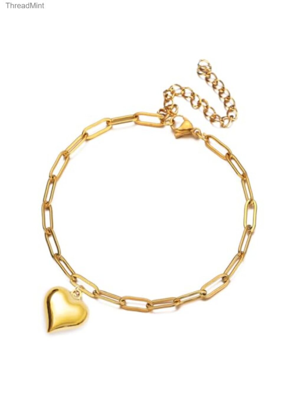 Stainless Steel Puffy Heart Charms Paperclip Chain Bracelet
